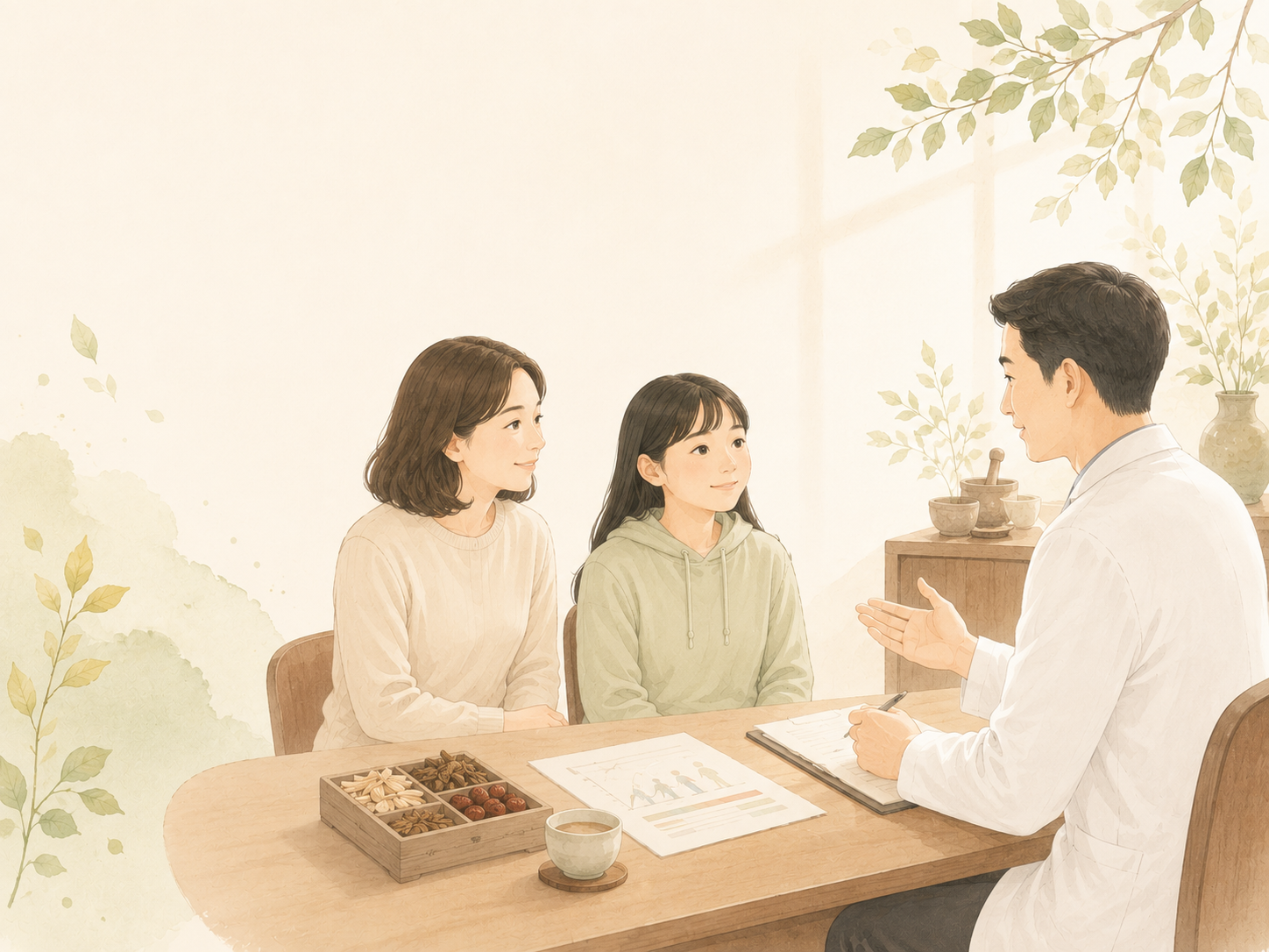 성조숙클리닉 상담 장면을 표현한 의인한의원 안내 삽화