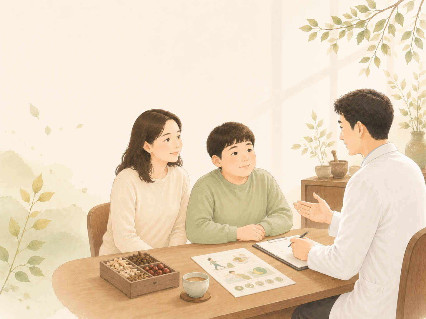 소아비만클리닉 상담 장면을 표현한 의인한의원 안내 삽화