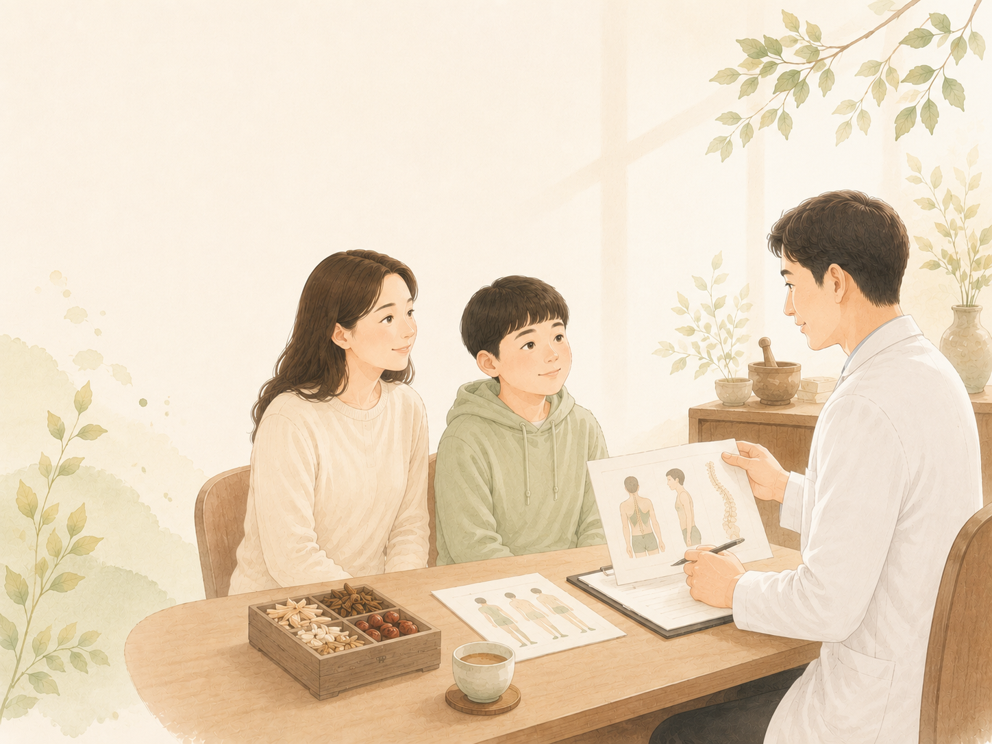소아성장추나클리닉 상담 장면을 표현한 의인한의원 안내 삽화